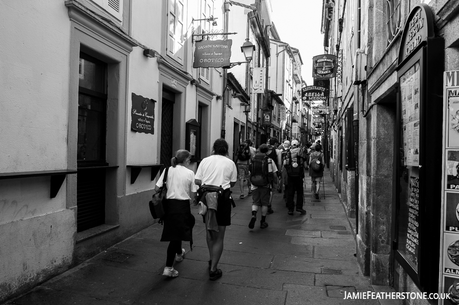 Peregrinos. Pilgrims on the Camino de Santiago. Santiago de Compostela