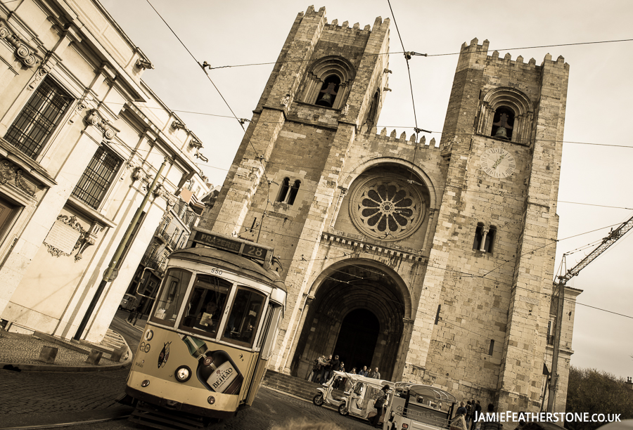 Tram 28 passing Lisbon Cathedral